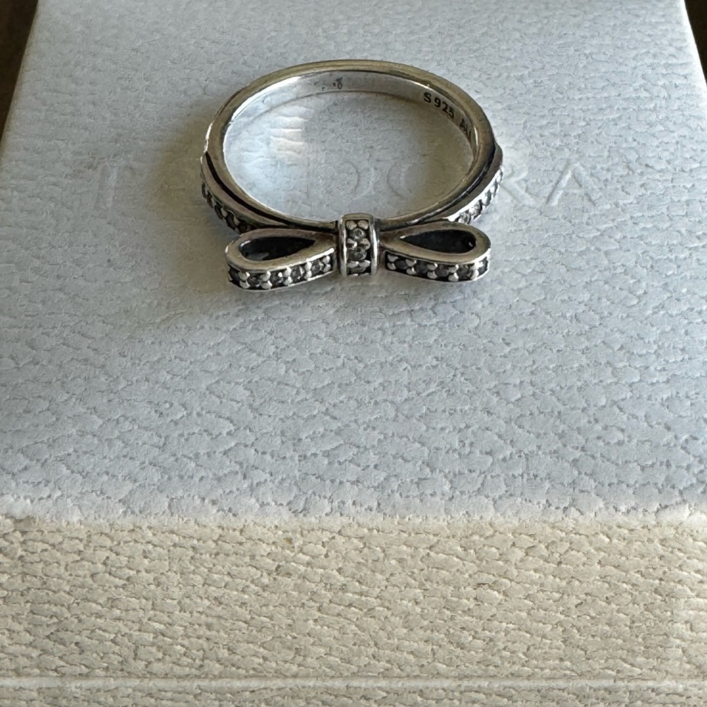 Pandora Silver Bow Ring with Sparkling Accents